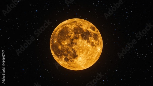 Bright Yellow Full Moon Illuminating Night Sky with Dense Clouds and Numerous Small Stars in the Background Du Clear Weather