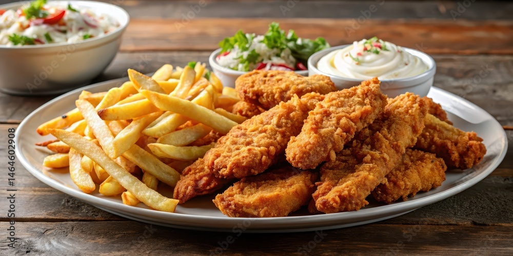 Juicy crispy chicken tenders served on a plate with golden brown French fries and creamy coleslaw garnish, comfort food Juicy crispy chicken tenders served on a plate with golden brown French fries and creamy coleslaw garnish, comfort food