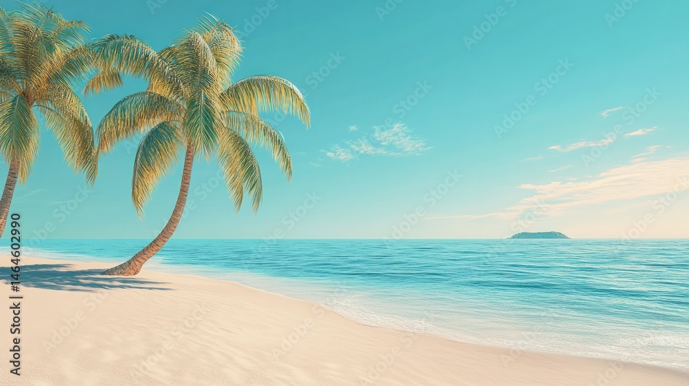 Obraz premium Serene tropical beach scene with tall palm trees sandy shore gentle waves clear blue sky and distant island peaceful coastal landscape perfect for travel tourism