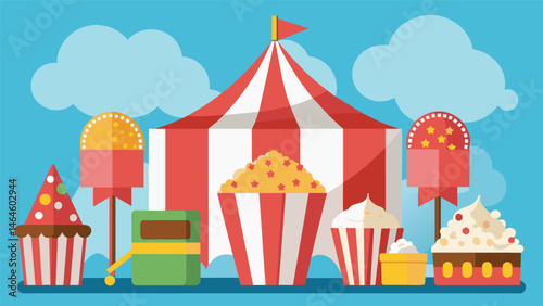 A circusinspired candy buffet with popcorn cones animal cracker boxes and cotton candy bags displayed under a big top tent.. Vector illustration