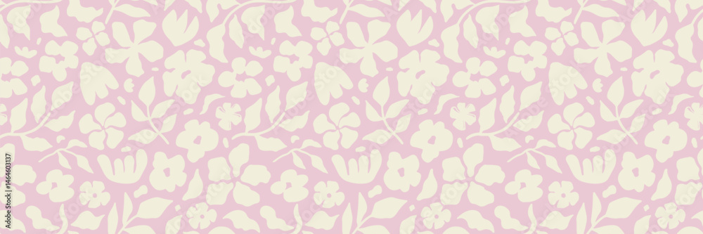 Floral modern seamless pattern. Cute botanical shapes, random childish doodle cutouts of tropical leaves, flowers, and branches, decorative abstract art vector illustration. Pink flower background