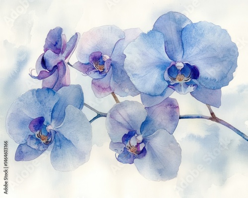Delicate Watercolor Painting of Blue and Purple Orchids on a Soft Background