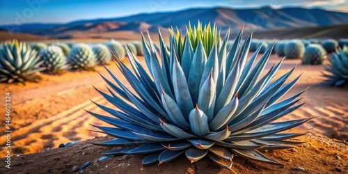 Prickly Agave plant in warm desert landscape with blue-toned black thorns, succulent, cactus,  succulent, cactus, thorn