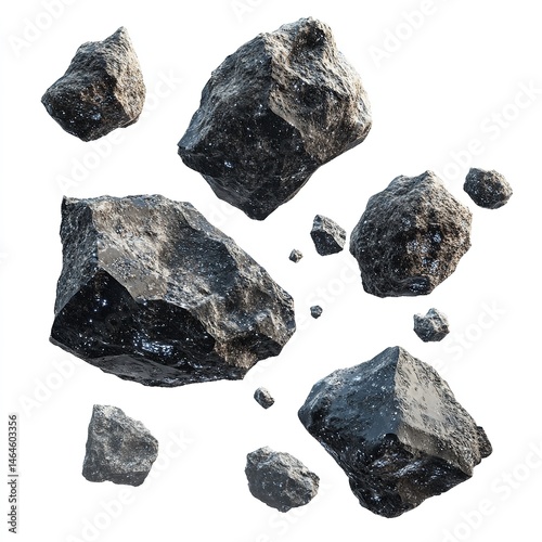 Isolated black obsidian rocks and stones floating on white background for geological study concept