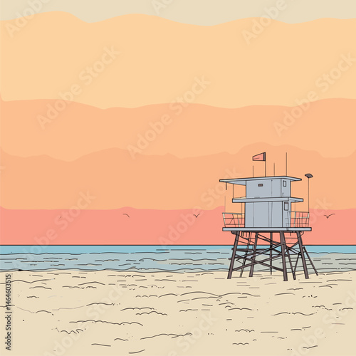 Serene Sunset at the Beach Lifeguard Stand