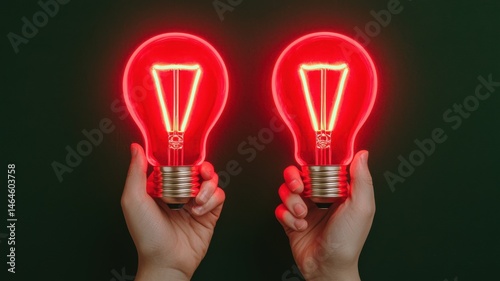 Two hands holding glowing red light bulbs against a dark background.