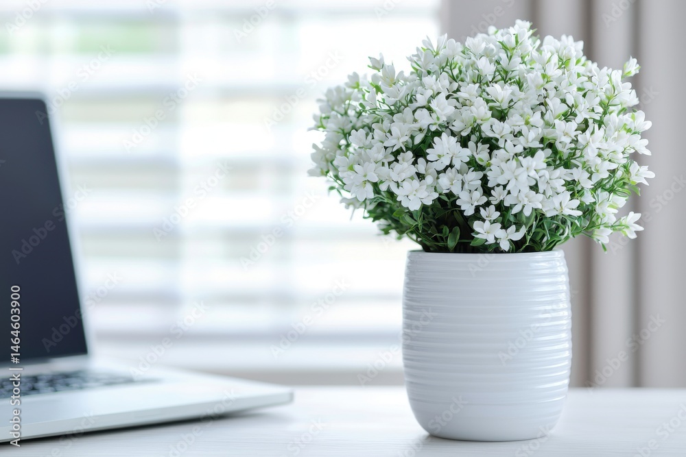 Fototapeta premium White potted flowers on a desk next to a laptop, with soft light coming through window blinds in the background.