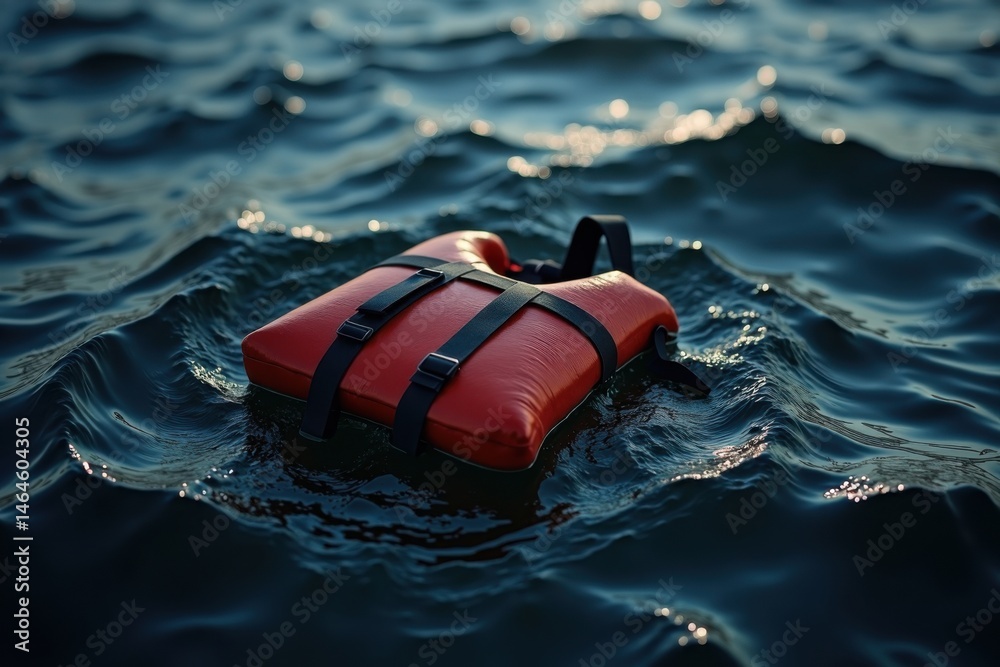 Obraz premium A red life jacket floats alone on the surface of dark, rippling water, illuminated by natural light.