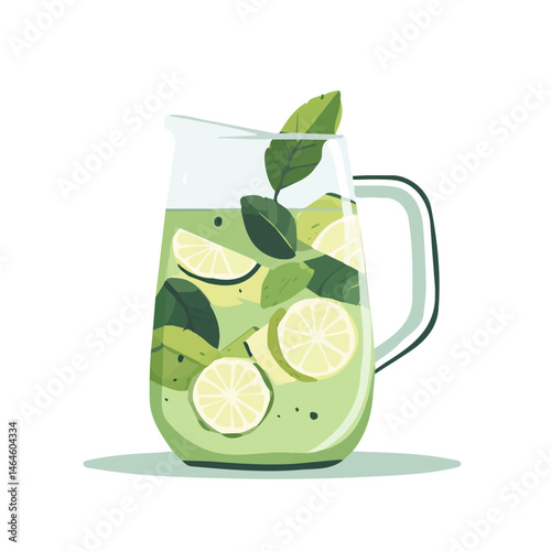 2D flat vector illustration of A Summer Lemonade Pitcher With Mint, isolated on a white background.