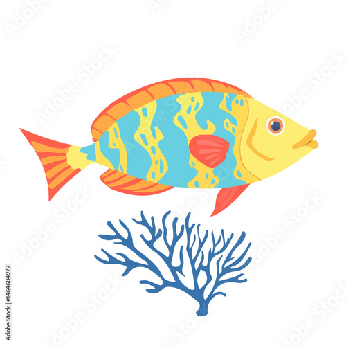 A Colorful Parrotfish Swimming Near Coral 2D flat vector illustration, isolated on a white background.
