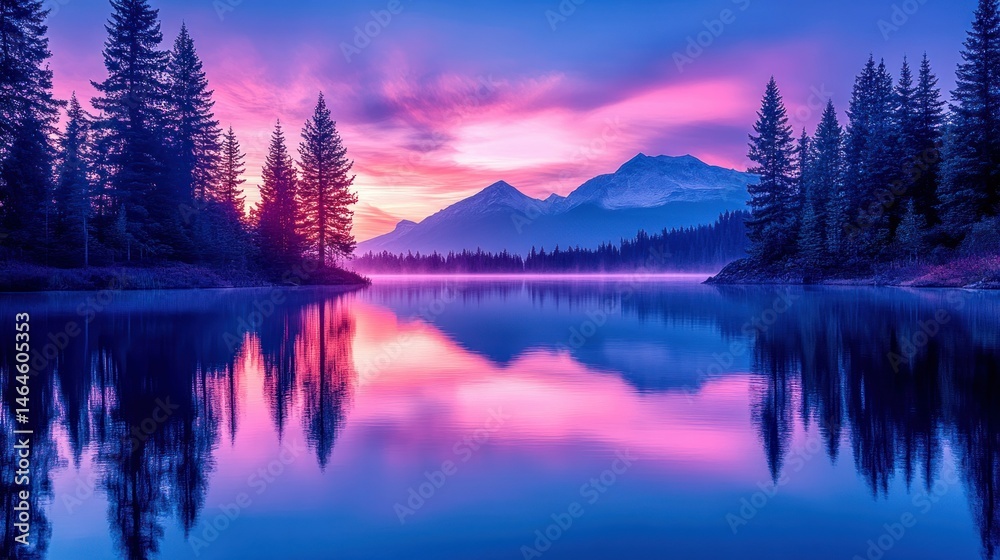 Fototapeta premium Serene lake sunrise with mountains