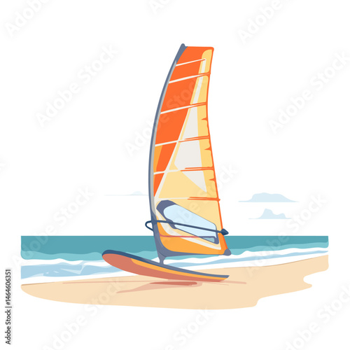 2D flat vector illustration of A Windsurfing Board On A Calm Beach, isolated on a white background.