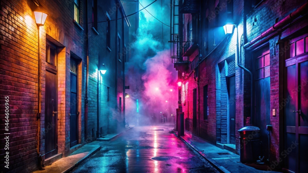 Naklejka premium Neon lights illuminate smoky alleyway at night, urban landscape, dimly lit street