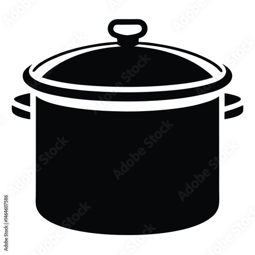 Black silhouette drawing shows a lidded cooking pot with handles, simple and clear