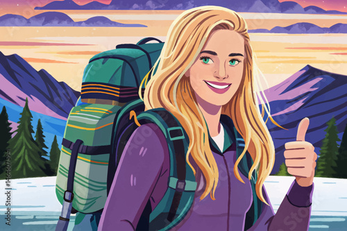 Young blonde woman traveler with a backpack smiling and giving thumbs up, symbolizing adventure, freedom, and positive travel experiences. Perfect for tourism, outdoor lifestyle, and youth exploration