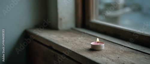 A lone tealight candle softly flickers on a wooden windowsill, casting a warm glow amidst a tranquil, rustic setting.