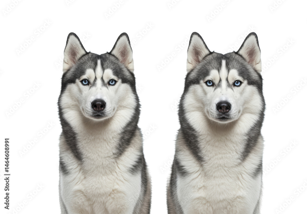 Obraz premium Striking photorealistic studio shot of two Siberian Huskies (classic grey and white markings) sitting regally side-by-side, both looking intensely at the camera with piercing blue eyes. 