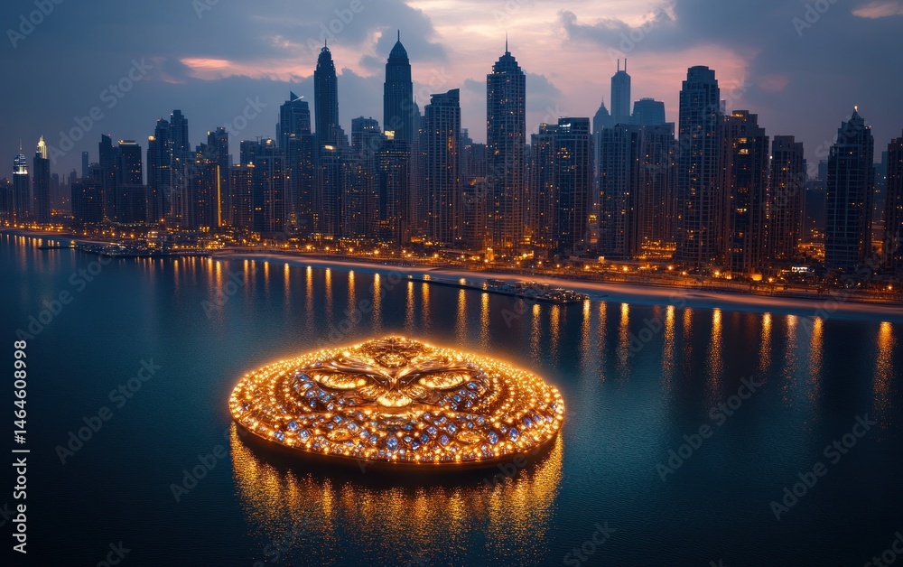 Fototapeta premium Illuminated island, Dubai cityscape, twilight, water reflection, travel