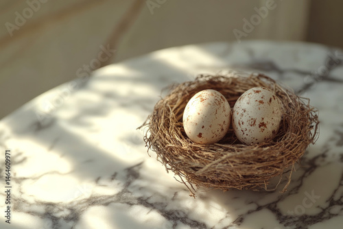 Obraz na płótnie Two speckled eggs rest in a bird's nest on a marble surface. Concept of nature and tranquility. For nature-themed decor. w salonie