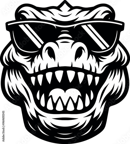 Dinosaur Head with Sunglasses Vector Black Silhouette Cricut Print Design Isolated on a Plain White Background