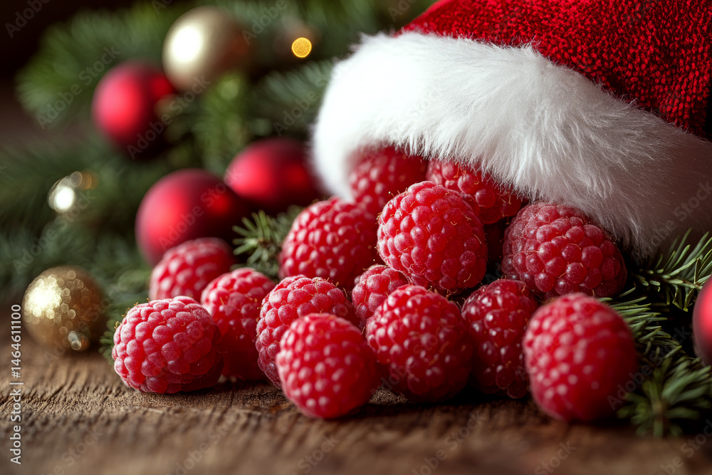 Raspberries spilling from a red Santa hat onto a wooden surface with holiday decorations. Concept of festive holiday fruit arrangement. For holiday-themed photos.