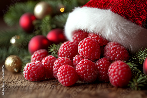 Raspberries spilling from a red Santa hat onto a wooden surface with holiday decorations. Concept of festive holiday fruit arrangement. For holiday-themed photos.