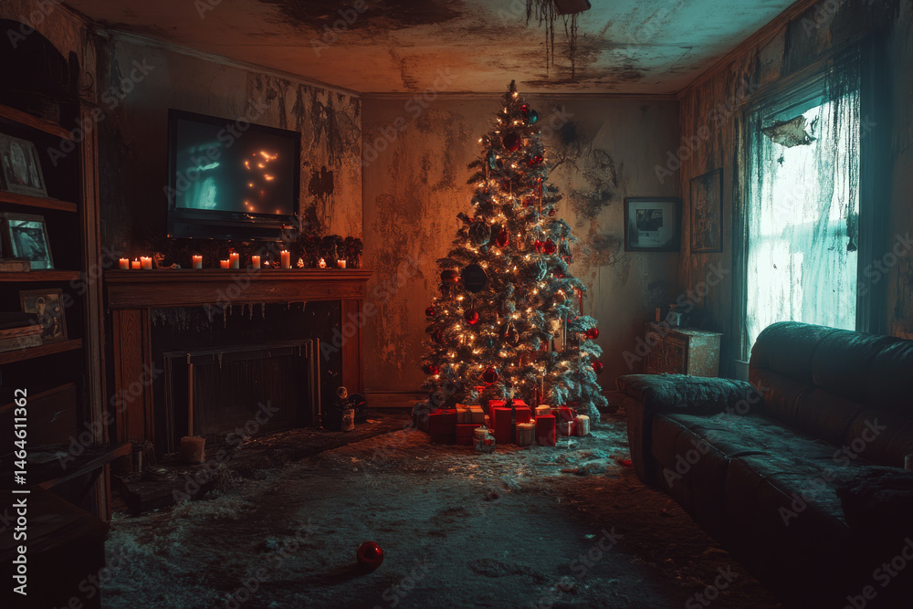 Christmas tree lights up a dim, worn-out living room with presents beneath. Concept of contrasting holiday cheer with decay. For holiday paradox imagery
