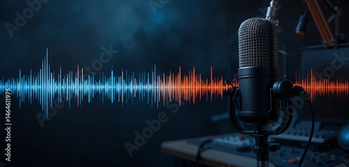 . Broadcast radio or podcasting dark banner with copy space.
