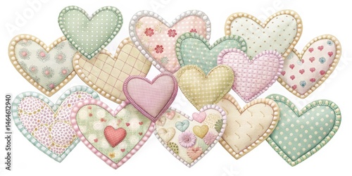 Delicate, hand-stitched heart shapes in a mix of pastel colors on a white background, resembling a vintage quilt