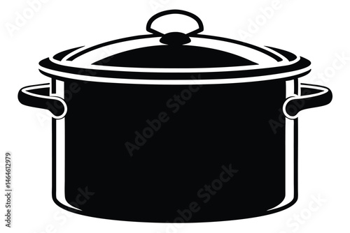 Isolated black pot with lid, handle, and curved bottom displays kitchen ware