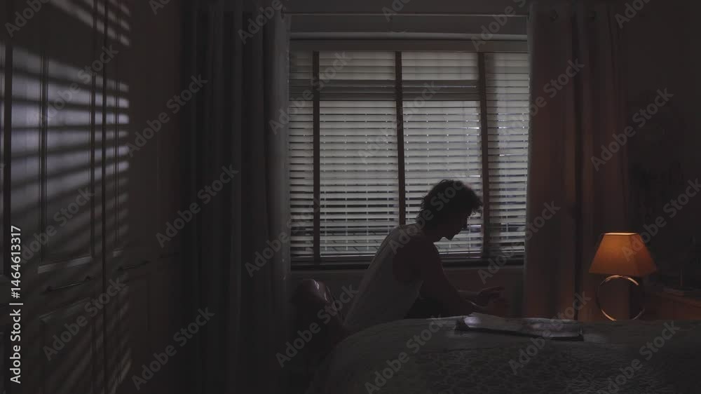Man remains still as blinds and warm lamp light frame the mood, sadness with struggle