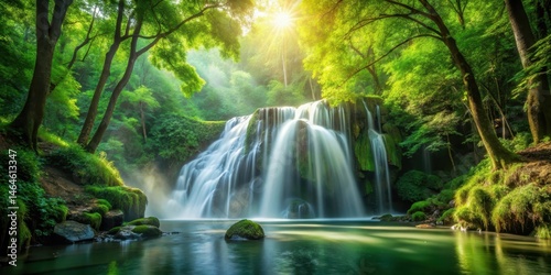 Serene waterfall amidst lush green woods with sunlight filtering through the leaves, nature, waterfall,  nature,waterfall