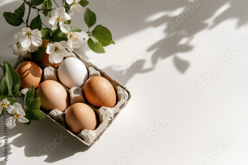 Packaged carton of free-range organic eggs natural setting food photography bright environment close-up viewpoint organic concept