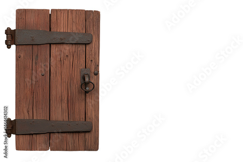 A rustic wooden door with metal hinges and a ring handle.
