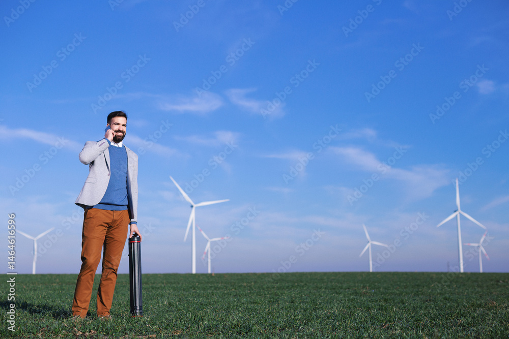 custom made wallpaper toronto digitalYoung electric engineer outdoors in front of windmills