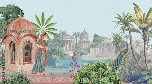 Mughal garden featuring a woman, lake, temple, pavilion, ruins, peacock, and pastel landscape illustration