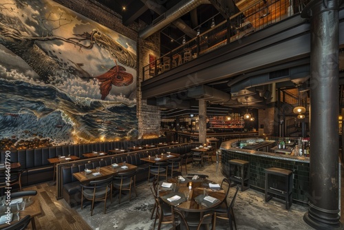Modern restaurant interior featuring artistic wall mural and cozy seating.