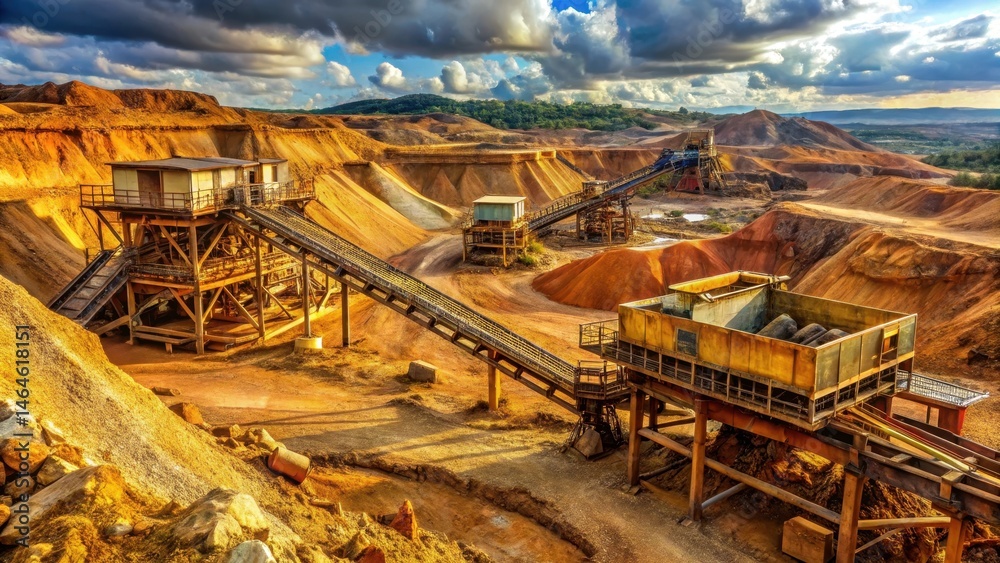 Fototapeta premium Old mine gold ore excavation process, rusty surfaces, mineral processing