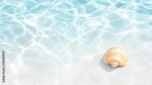 Seashell on sandy beach submerged in clear water summer vacation theme