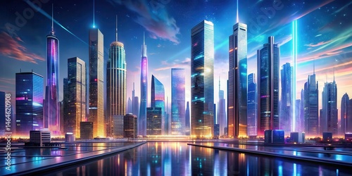 A futuristic cityscape with sleek skyscrapers and holographic advertisements , innovative marketing strategies, cityscape