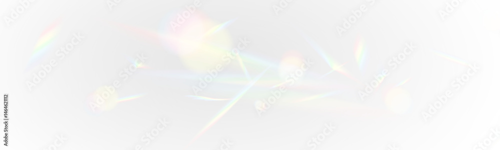 Crystal light bokeh and rainbow reflections on white background