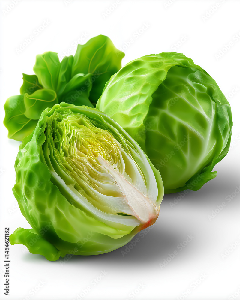 Fototapeta premium iceberg lettuce head cut in half, visible layers, isolated on white background, ultra realistic,