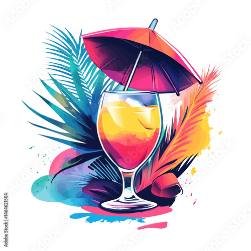 A Vibrant Tropical Drink With An Umbrella 2D flat vector illustration, isolated on a white background.