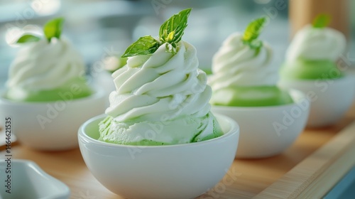 This tantalizing image displays beautifully swirled green tea soft serves served in pristine white bowls, evoking a sense of indulgence, freshness, and a delightful culinary experience.