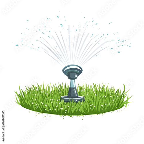 A Summer Water Sprinkler Spraying Over Grass 2D flat vector illustration, isolated on a white background.