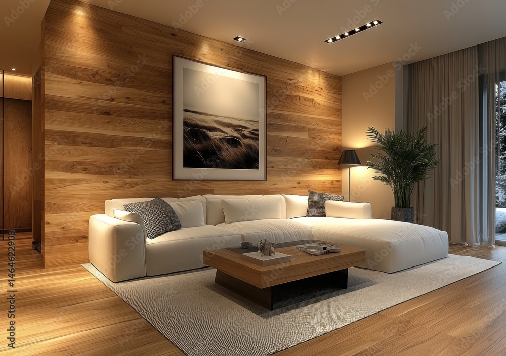 Fototapeta premium Cozy and Modern Living Room with Elegant Furnishings and Warm Wooden Accents in a Soothing Color Palette