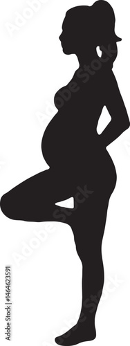 Vector art silhouette of a pregnant Asian woman in a yoga pose, wearing leggings and a sports bra, set against a clean white background.