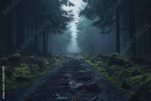 Misty forest path shrouded in twilight