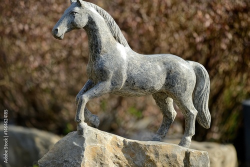 Grey stone sculpture of a horse atop a rock.