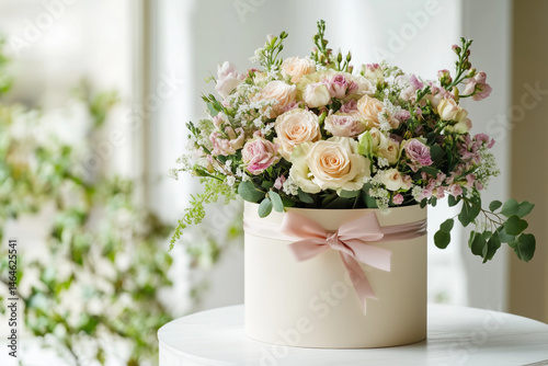 Floral Bouquet in Gift Box. Elegant floral bouquet in a round box with pink and white roses, ideal for romantic events or gifts.